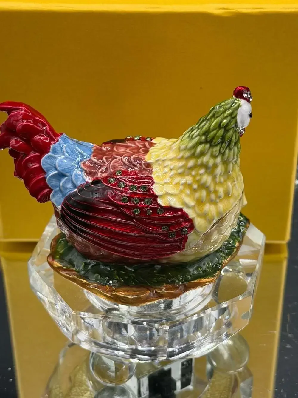 Enamel Hen with Chicks Hinged Trinket Box with Rhinestone Accents
